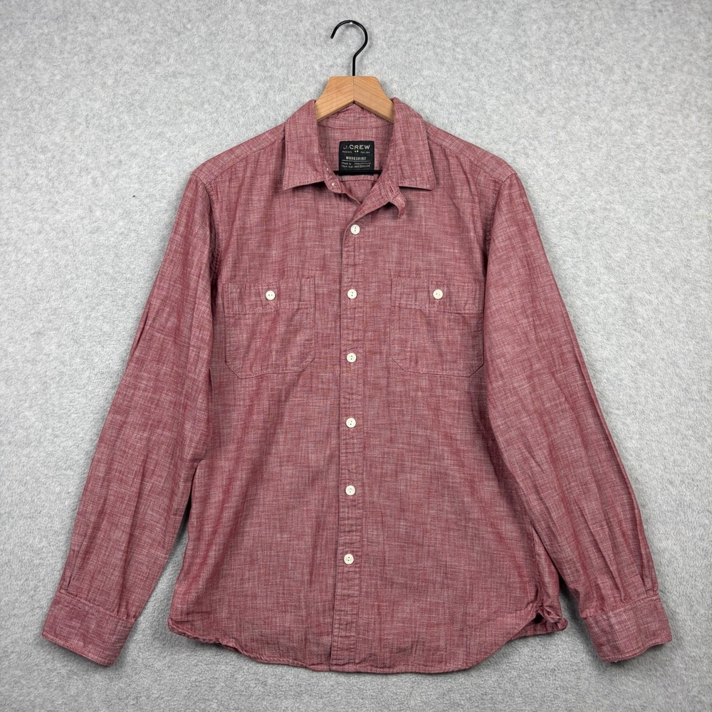 J Crew Workshirt Mens Medium Red Chambray Chin Strap Cotton Workwear Button Up
